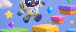 A cartoon robot jumping between game platforms