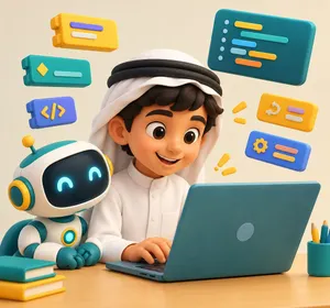 A smiling boy coding on a laptop next to a small robot