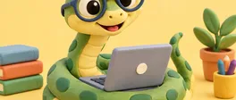 A cartoon snake in glasses using a laptop