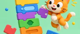 A cartoon cat stacking colorful coding blocks