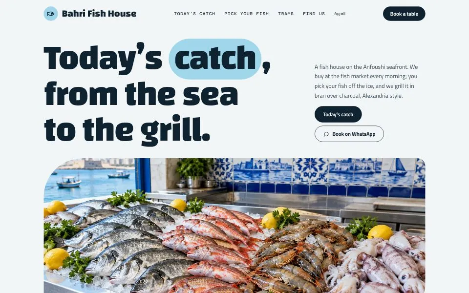 Home page of the Bahri Fish House template demo