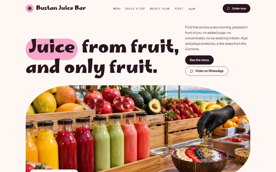 Home page of the Bustan Juice Bar template demo