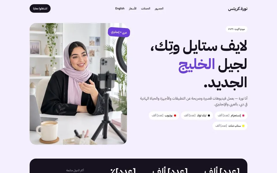 الصفحة الرئيسية للموقع التجريبي لقالب نورة.كريتس