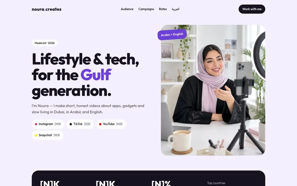 Home page of the noura.creates template demo