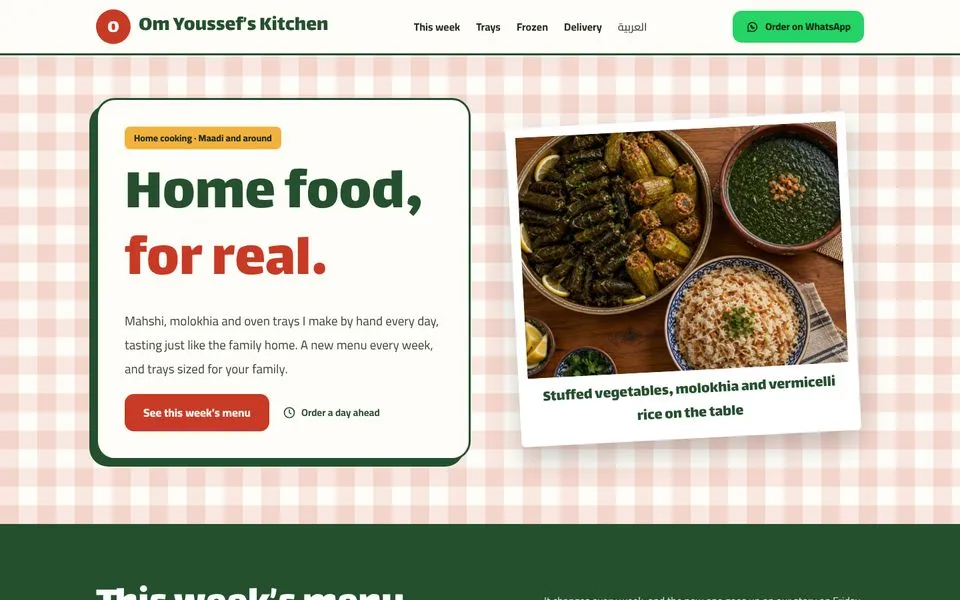 Home page of the Om Youssef’s Kitchen template demo