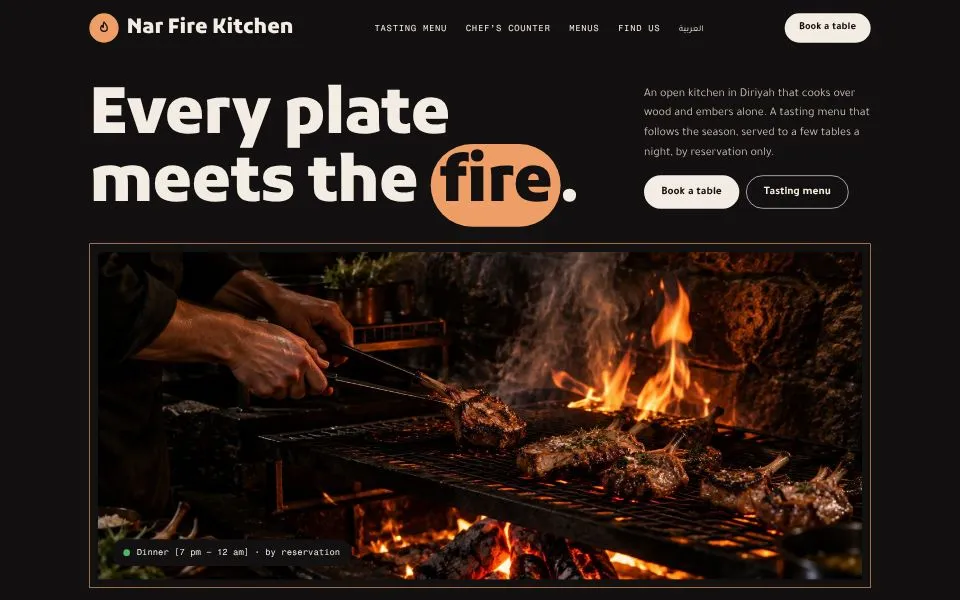 Home page of the Nar Fire Kitchen template demo