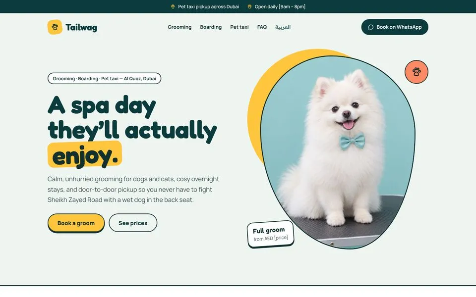 Home page of the Tailwag template demo