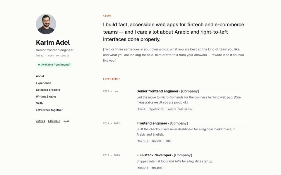 Home page of the Résumé template demo