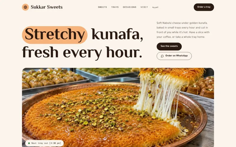 Home page of the Sukkar Sweets template demo