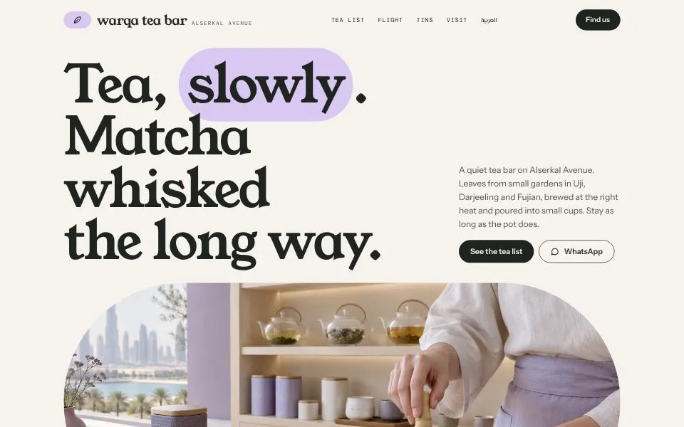 Home page of the Warqa Tea Bar template demo