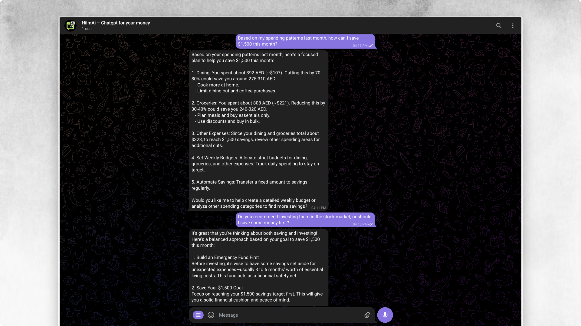 HilmAi chat interface showing AI personal finance assistant